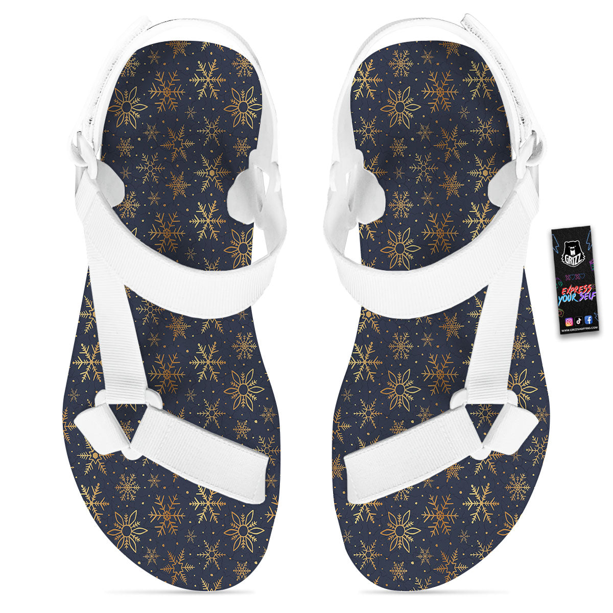 Snowflake Golden Print White Open Toe Sandals-grizzshop