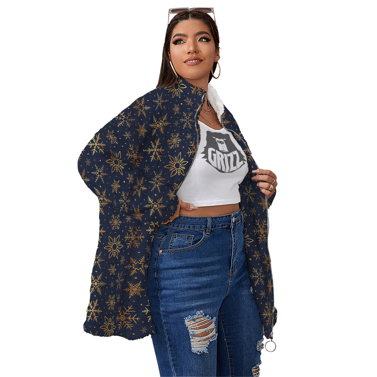Snowflake Golden Print Women's Sherpa Jacket-grizzshop