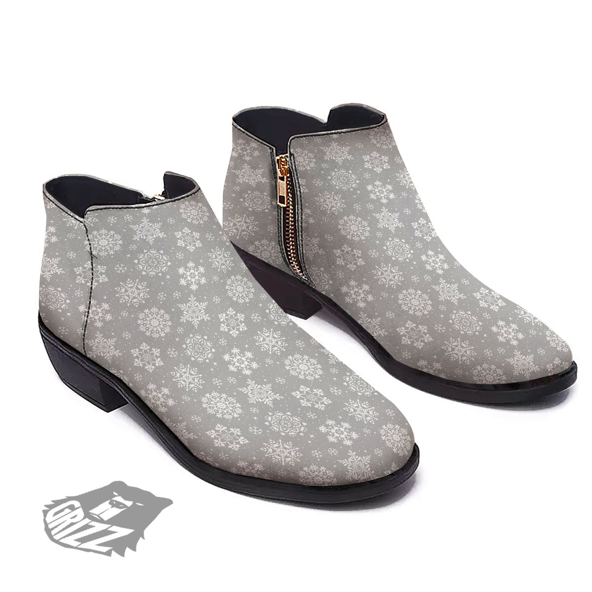 Snowflake Grey And White Print Pattern Ankle Boots-grizzshop