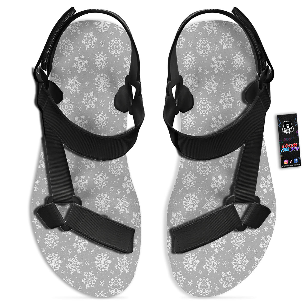 Snowflake Grey And White Print Pattern Black Open Toe Sandals-grizzshop