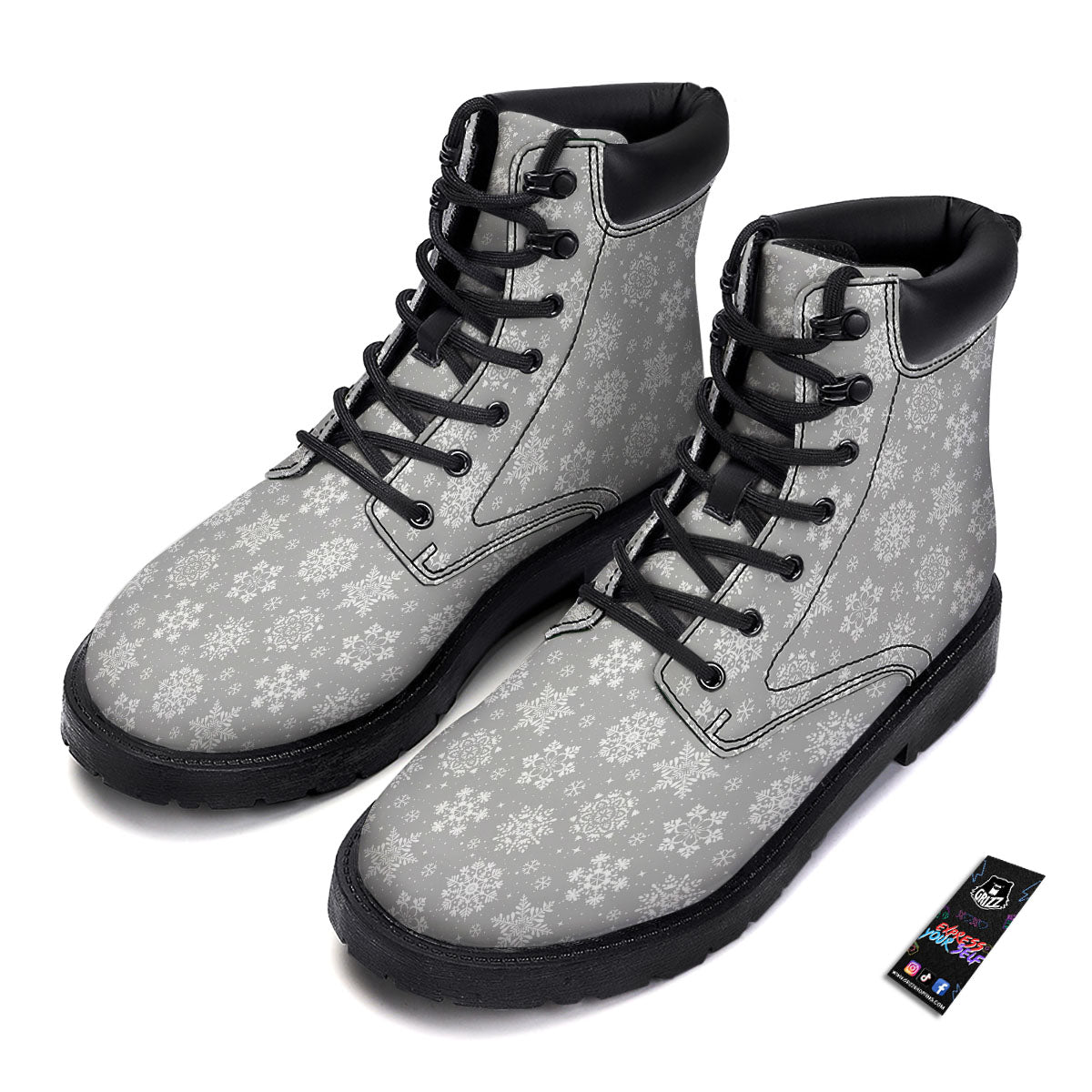 Snowflake Grey And White Print Pattern Boots-grizzshop