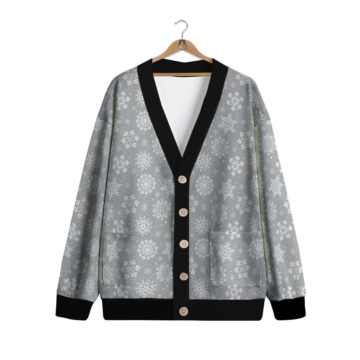 Snowflake Grey And White Print Pattern Cardigan-grizzshop