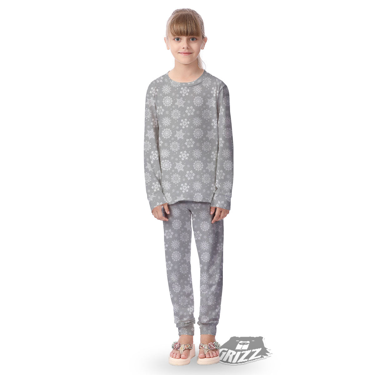 Snowflake Grey And White Print Pattern Kid's Pajamas-grizzshop