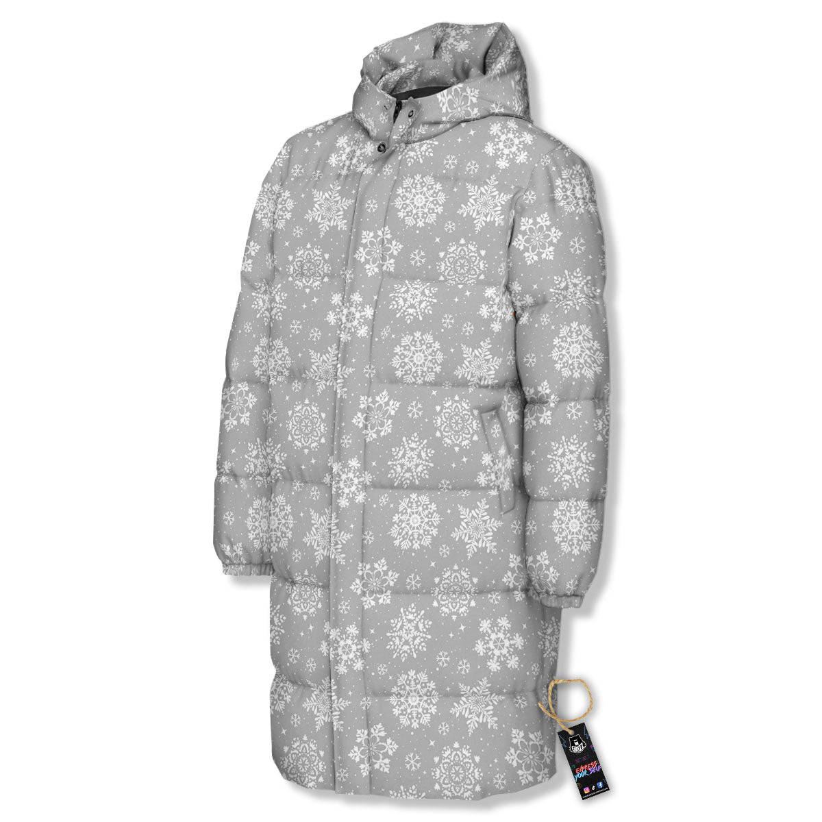 Snowflake Grey And White Print Pattern Long Down Jacket-grizzshop