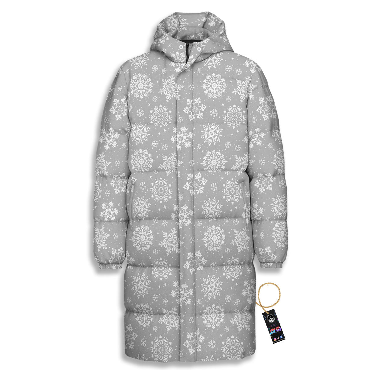 Snowflake Grey And White Print Pattern Long Down Jacket-grizzshop