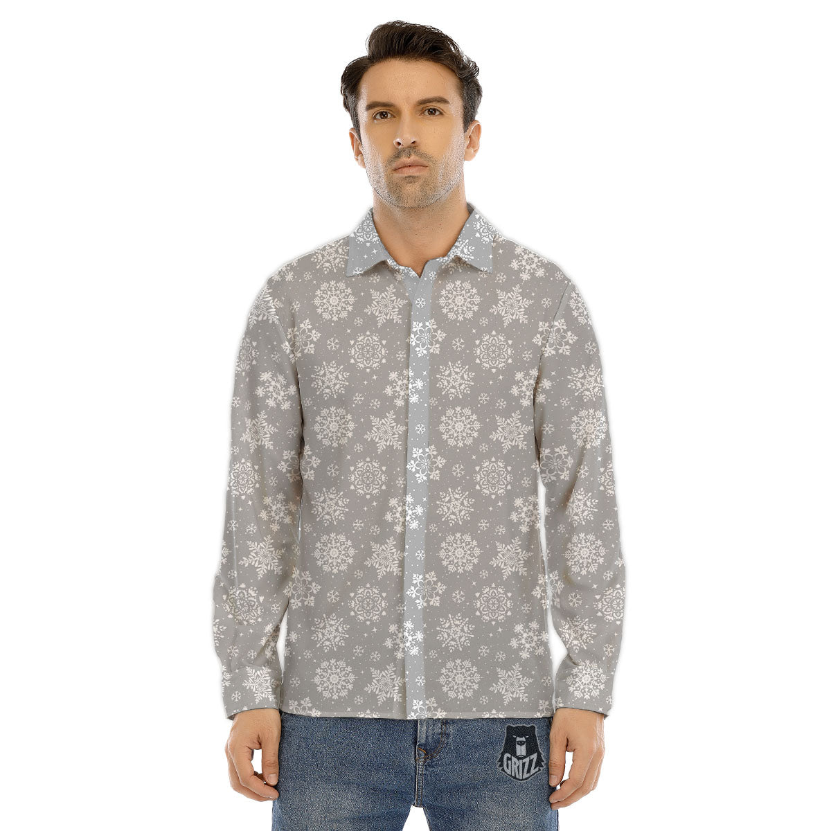 Snowflake Grey And White Print Pattern Men's Dress Shirts-grizzshop