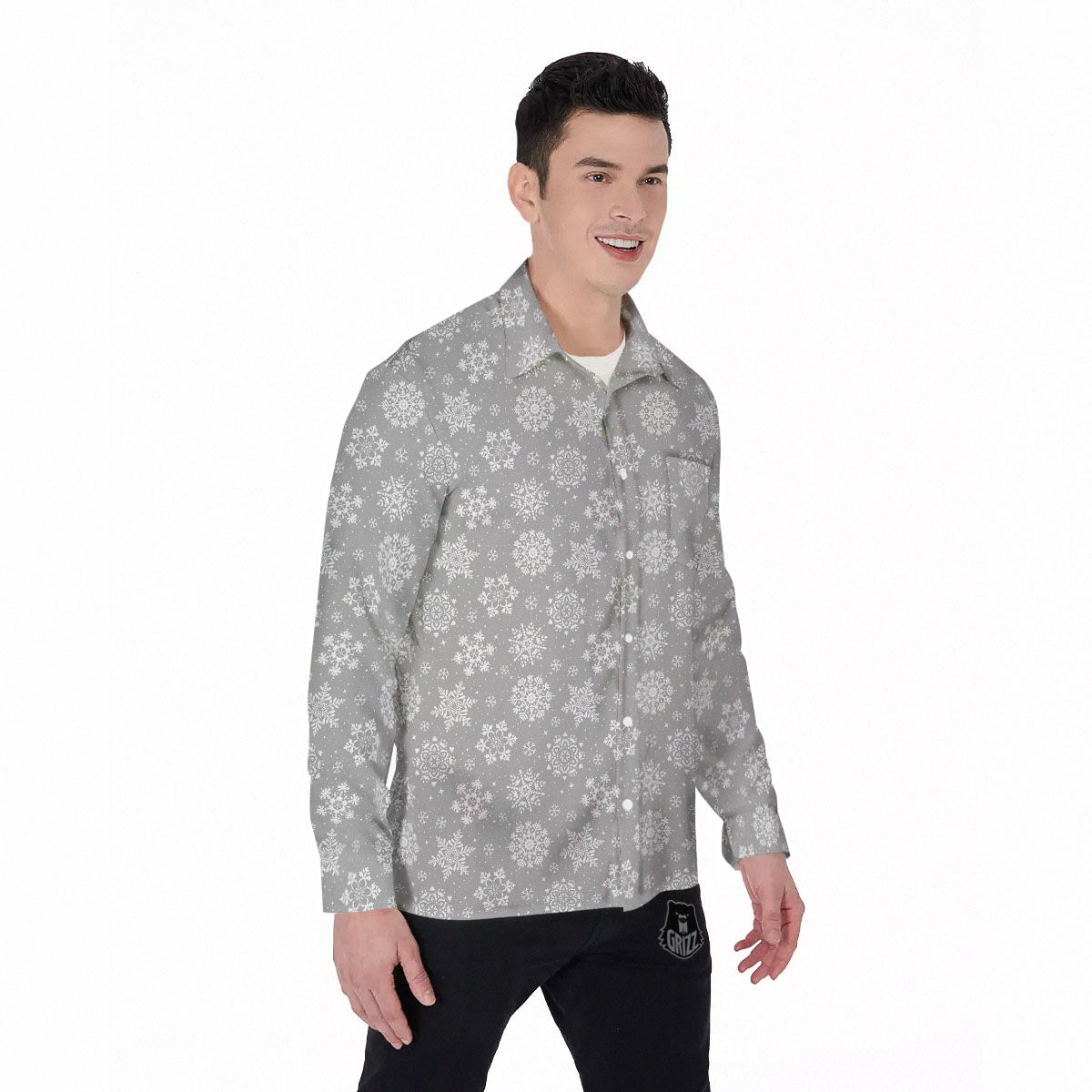 Snowflake Grey And White Print Pattern Men's Long Sleeve Shirts-grizzshop