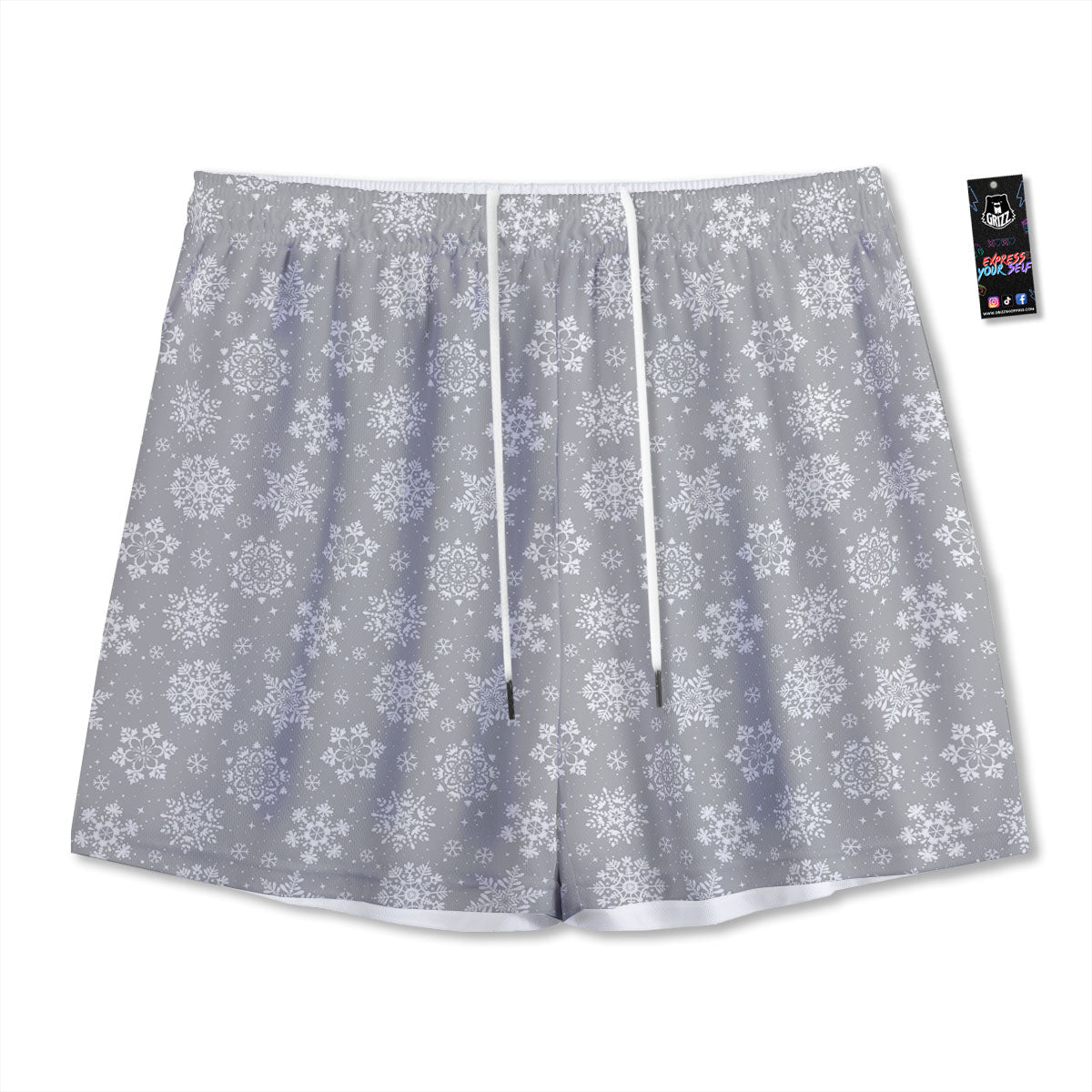 Snowflake Grey And White Print Pattern Mesh Shorts