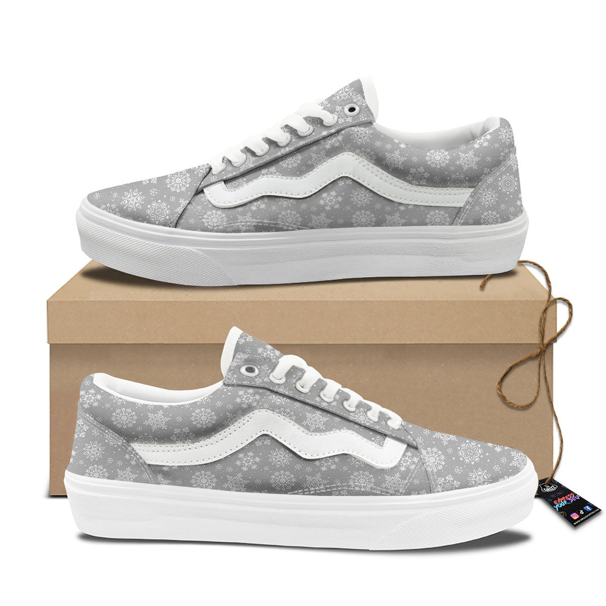 Snowflake Grey And White Print Pattern Skate Shoes-grizzshop
