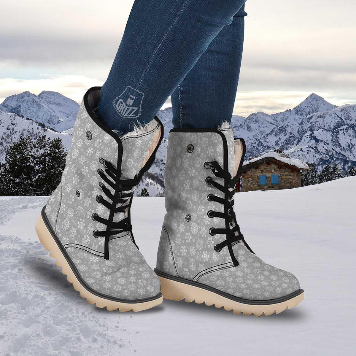 Snowflake Grey And White Print Pattern Snow Boots-grizzshop