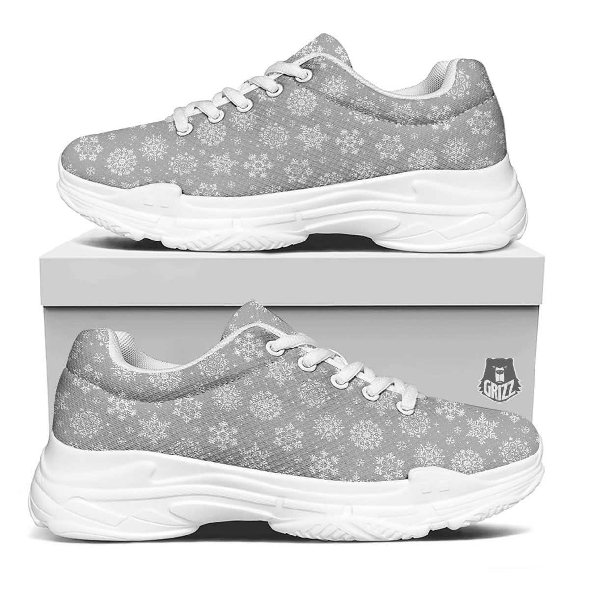 Snowflake Grey And White Print Pattern White Chunky Shoes-grizzshop