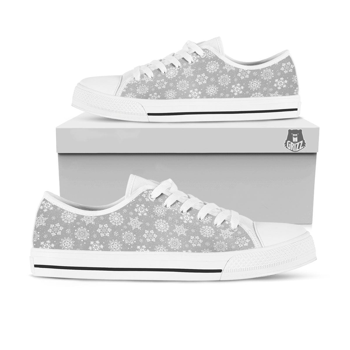 Snowflake Grey And White Print Pattern White Low Top Shoes-grizzshop