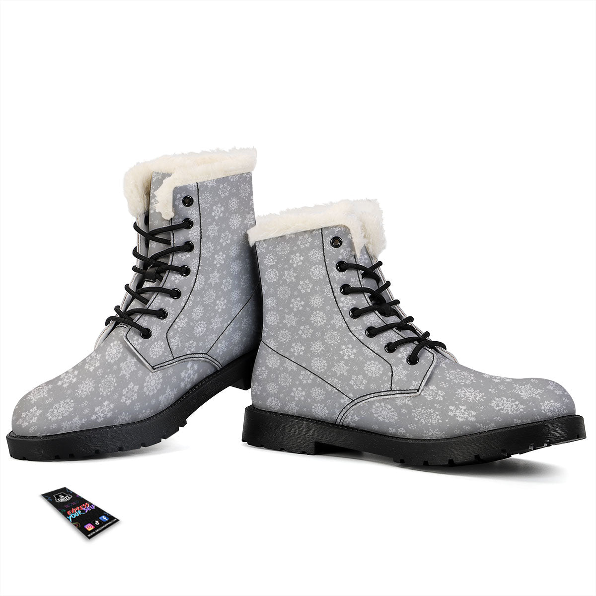 Snowflake Grey And White Print Pattern Winter Boots-grizzshop