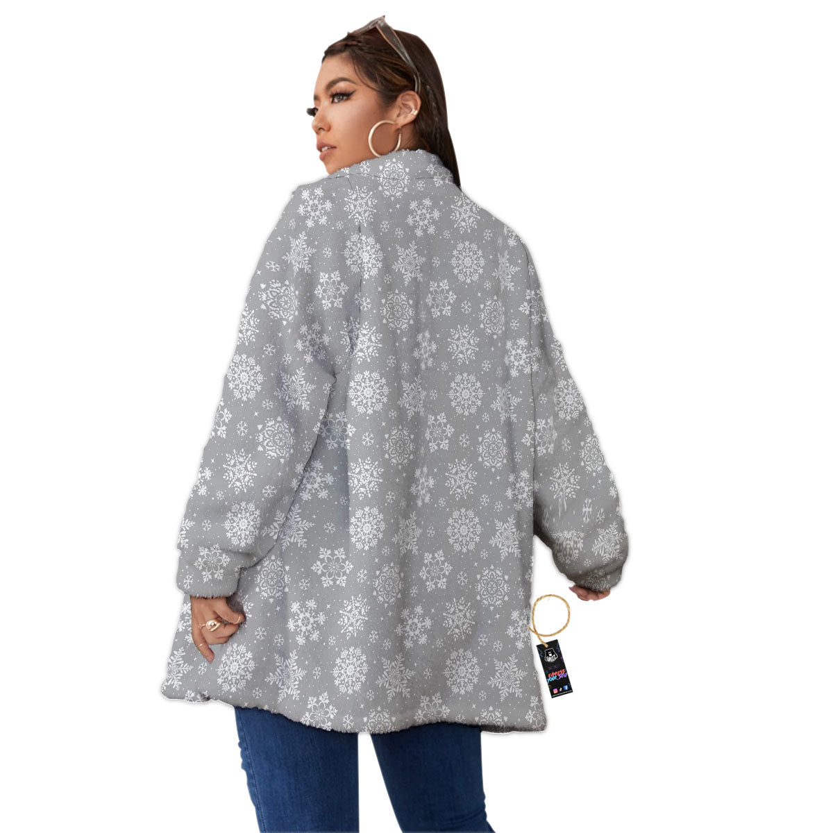 Snowflake Grey And White Print Pattern Women's Sherpa Jacket-grizzshop