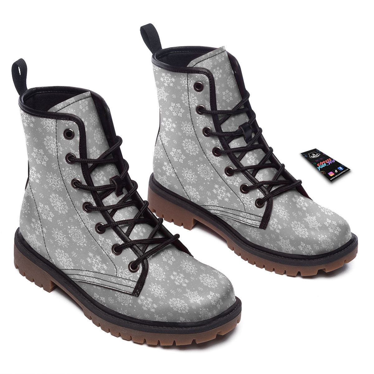 Snowflake Grey And White Print Pattern Work Boots-grizzshop