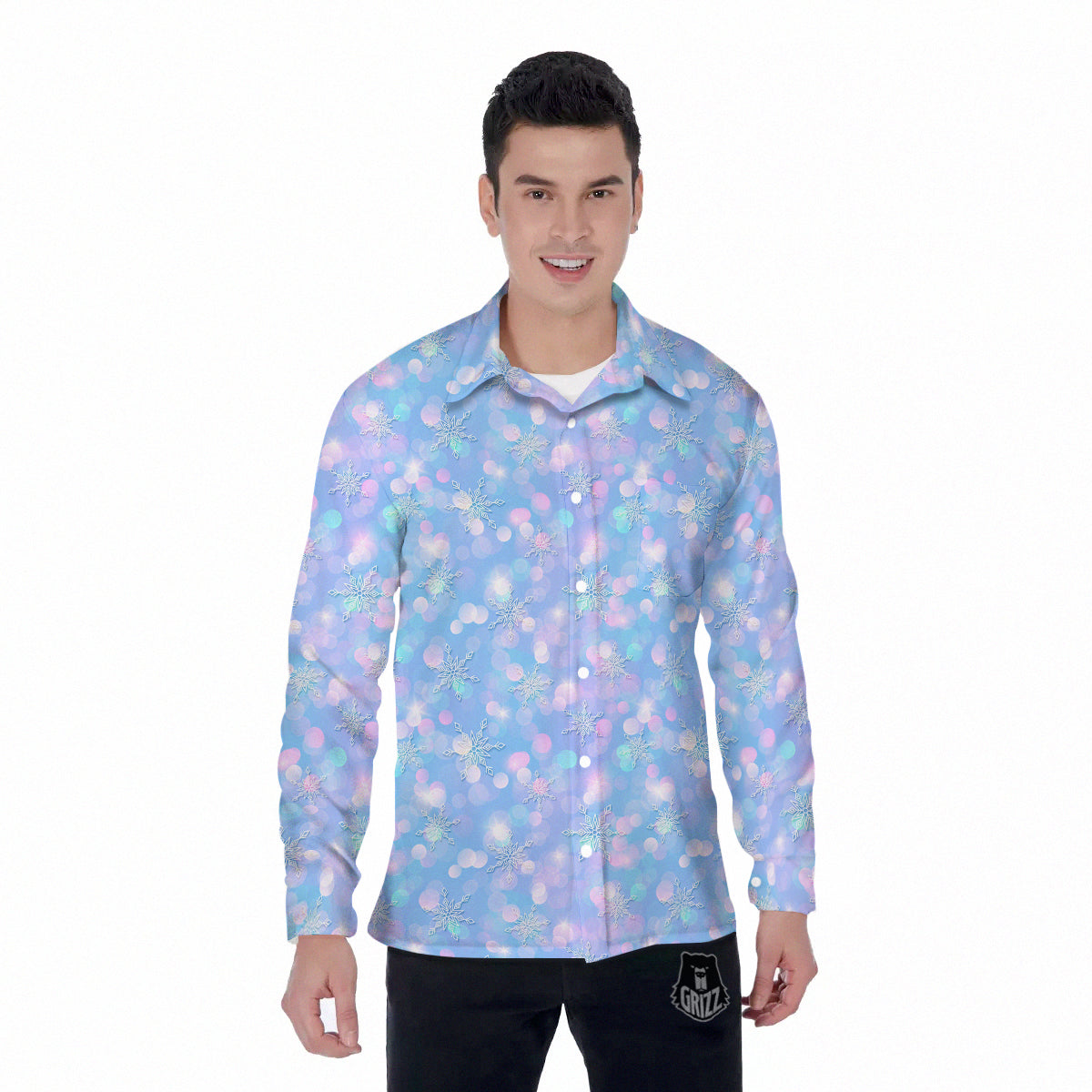 Snowflake Pastel Color Print Pattern Men's Long Sleeve Shirts-grizzshop