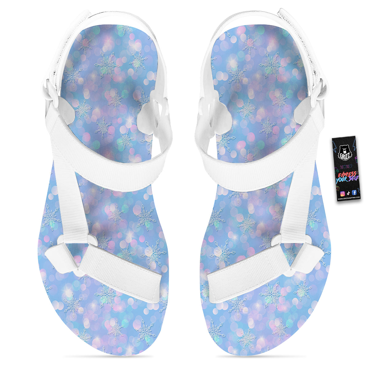 Snowflake Pastel Color Print Pattern White Open Toe Sandals-grizzshop