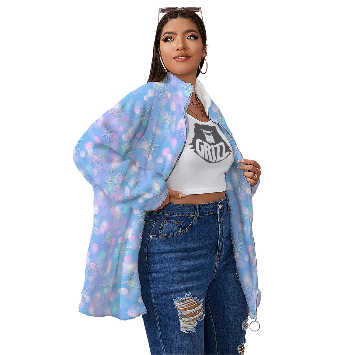 Snowflake Pastel Color Print Pattern Women's Sherpa Jacket-grizzshop