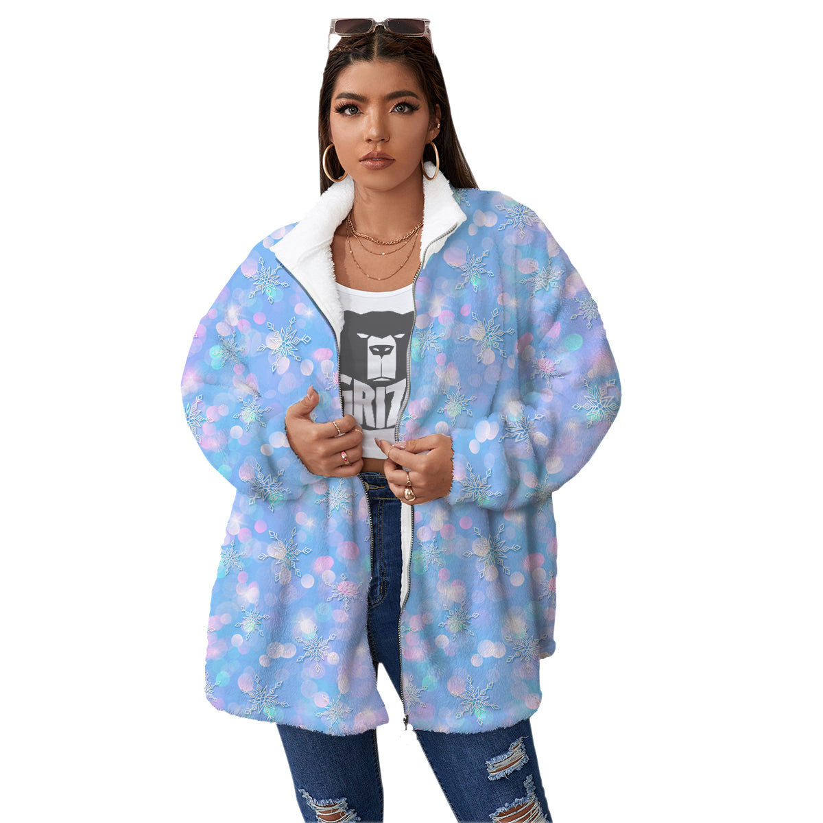 Snowflake Pastel Color Print Pattern Women's Sherpa Jacket-grizzshop