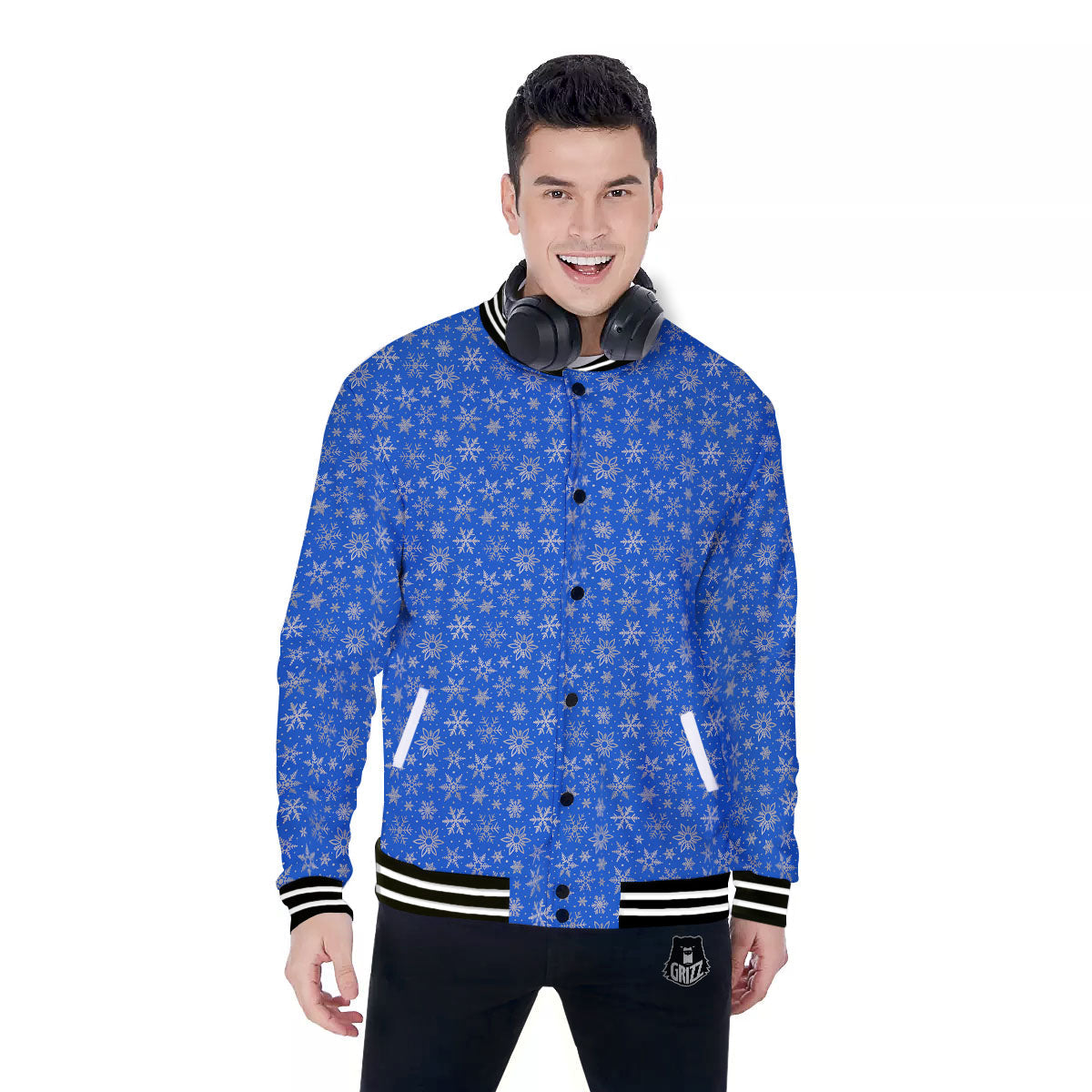 Snowflake Silver And Blue Print Pattern Baseball Jacket-grizzshop