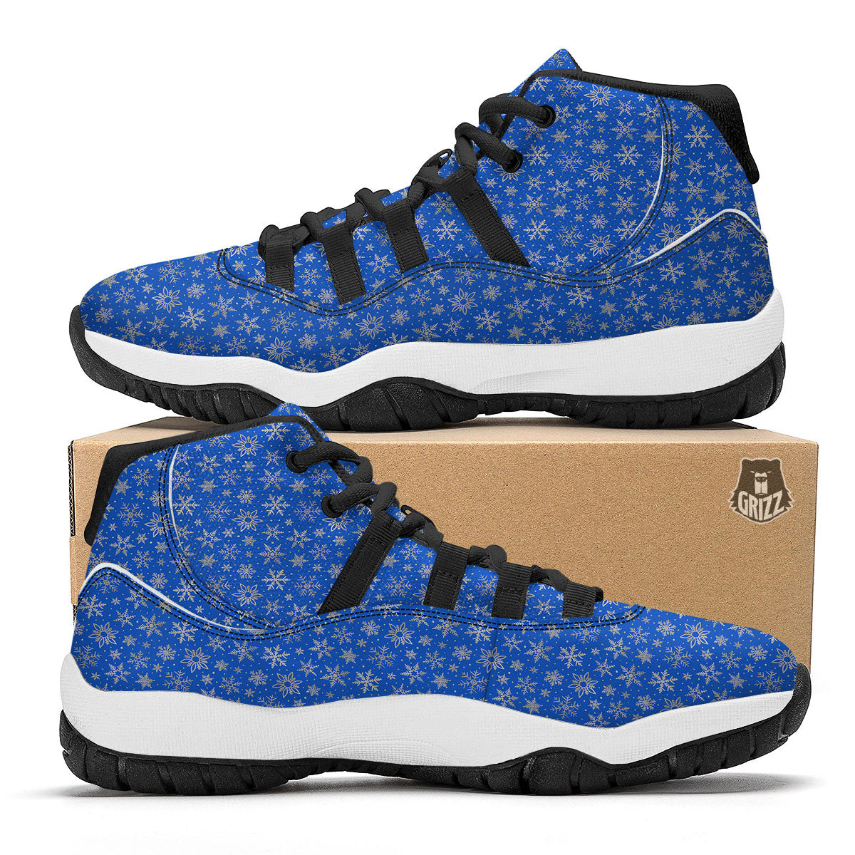 Snowflake Silver And Blue Print Pattern Black Bball Shoes-grizzshop