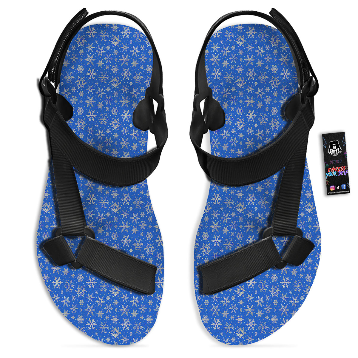 Snowflake Silver And Blue Print Pattern Black Open Toe Sandals-grizzshop