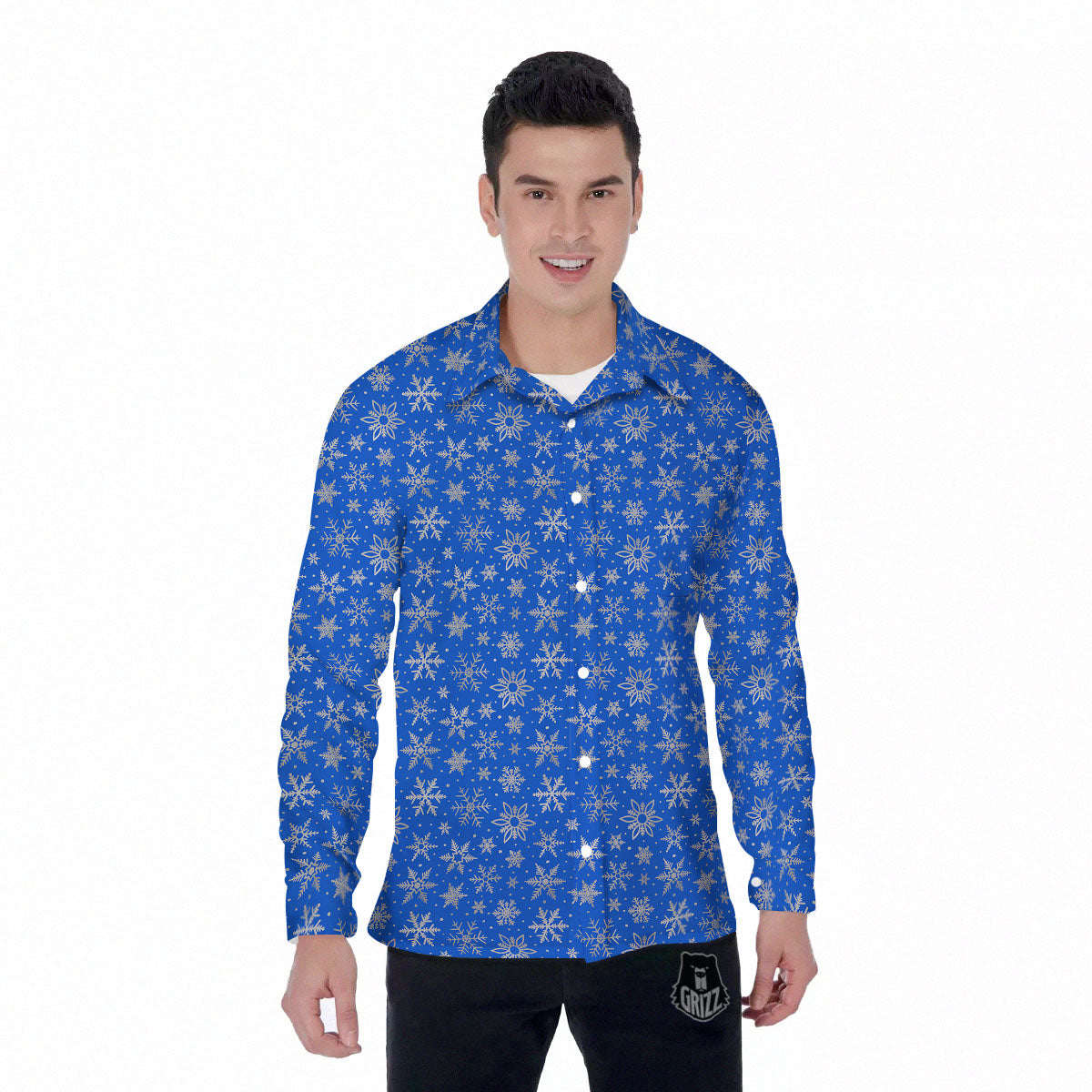 Snowflake Silver And Blue Print Pattern Men's Long Sleeve Shirts-grizzshop