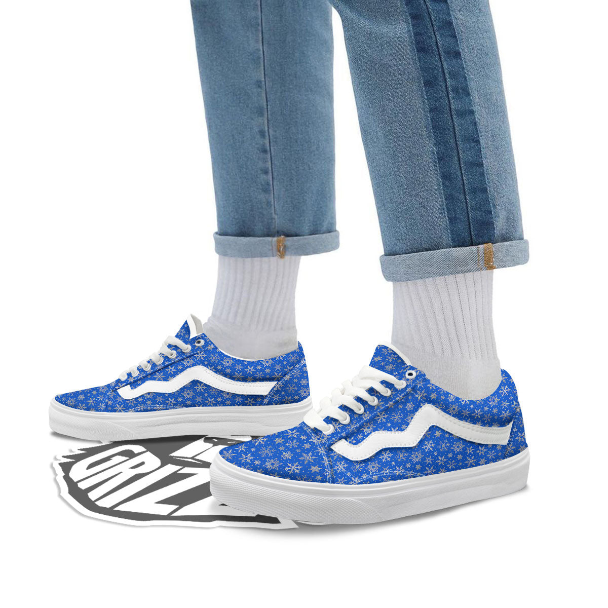 Snowflake Silver And Blue Print Pattern Skate Shoes-grizzshop