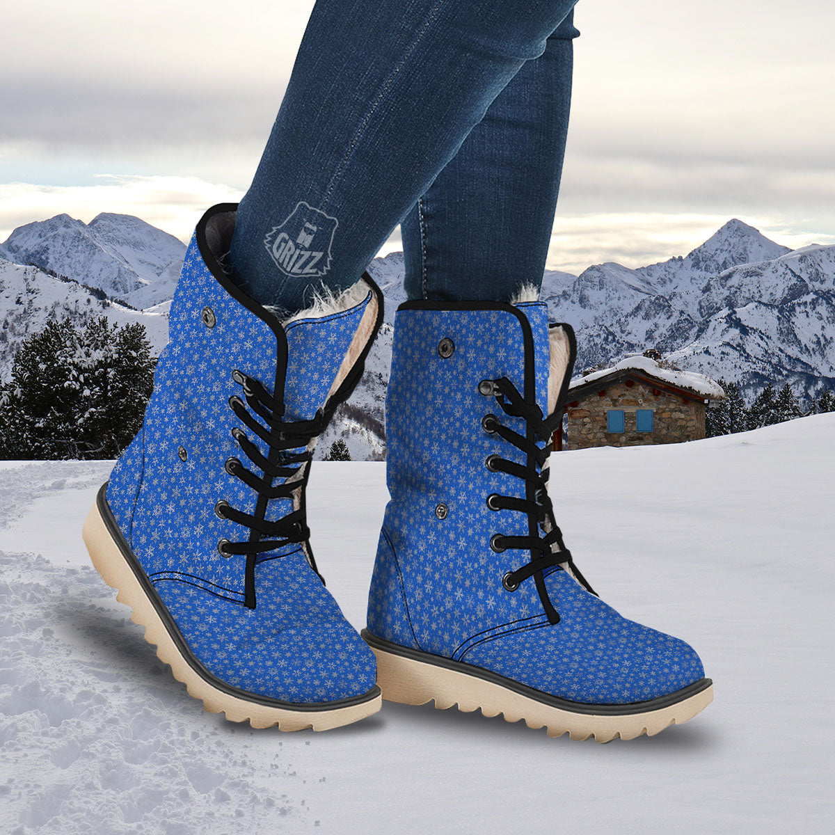 Snowflake Silver And Blue Print Pattern Snow Boots-grizzshop