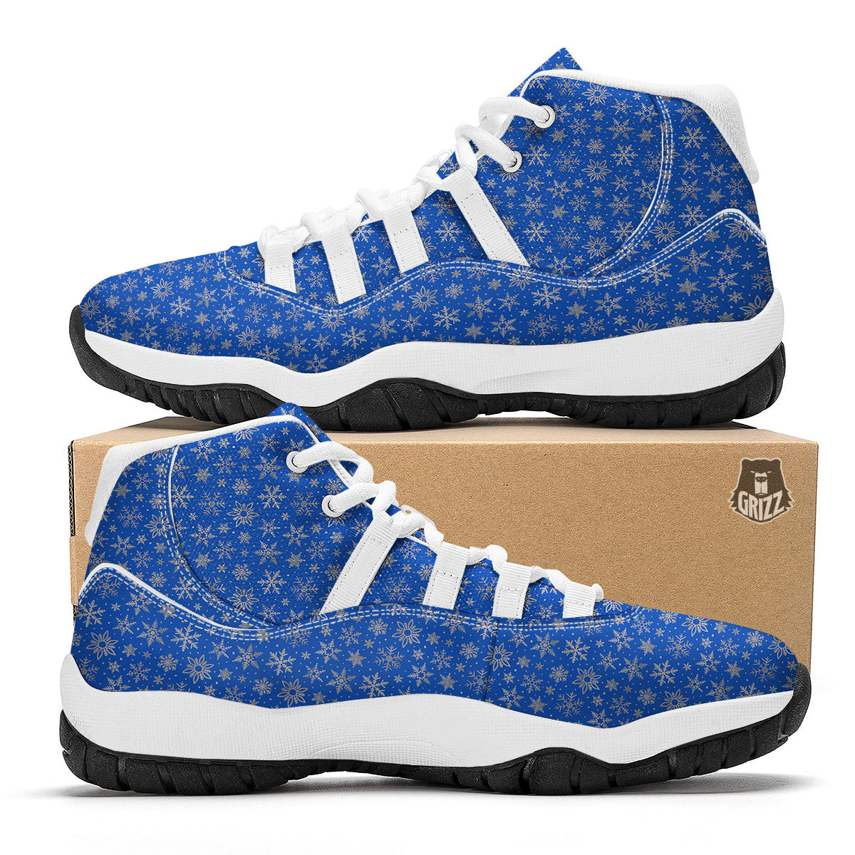 Snowflake Silver And Blue Print Pattern White Bball Shoes-grizzshop