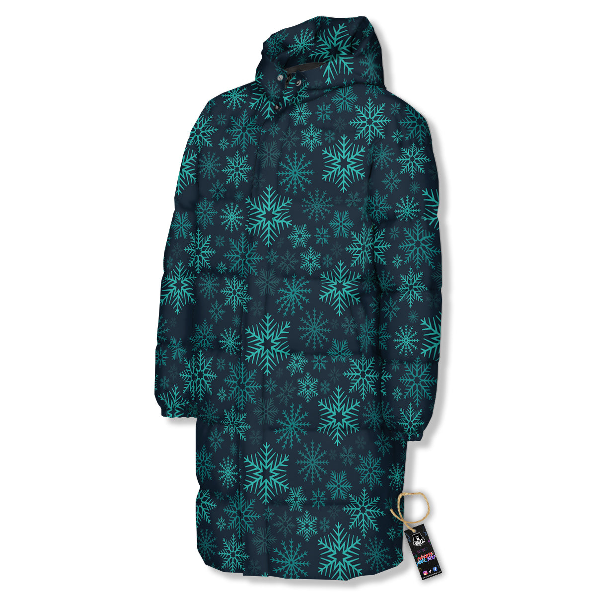 Snowflake Turquoise Print Pattern Long Down Jacket-grizzshop
