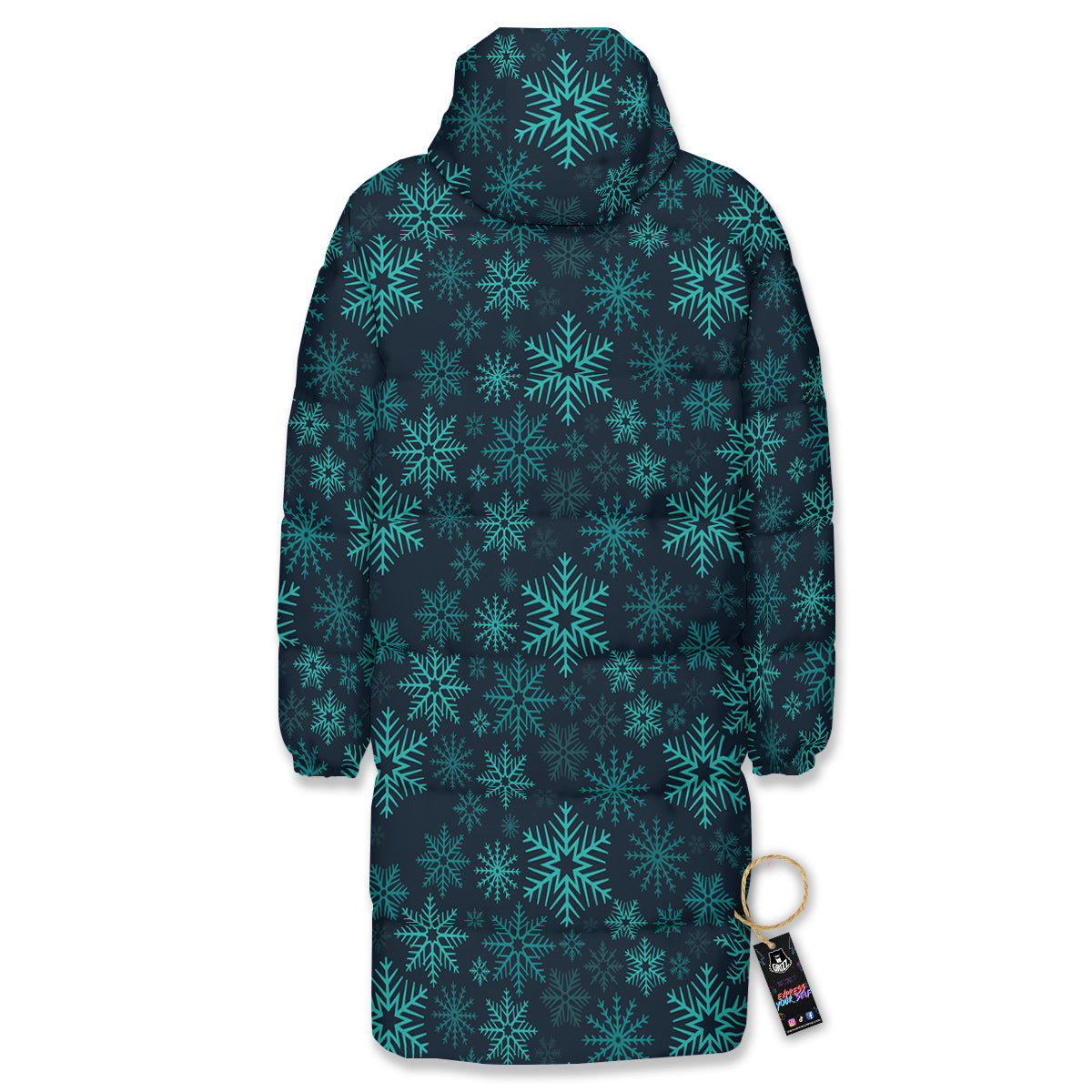 Snowflake Turquoise Print Pattern Long Down Jacket-grizzshop