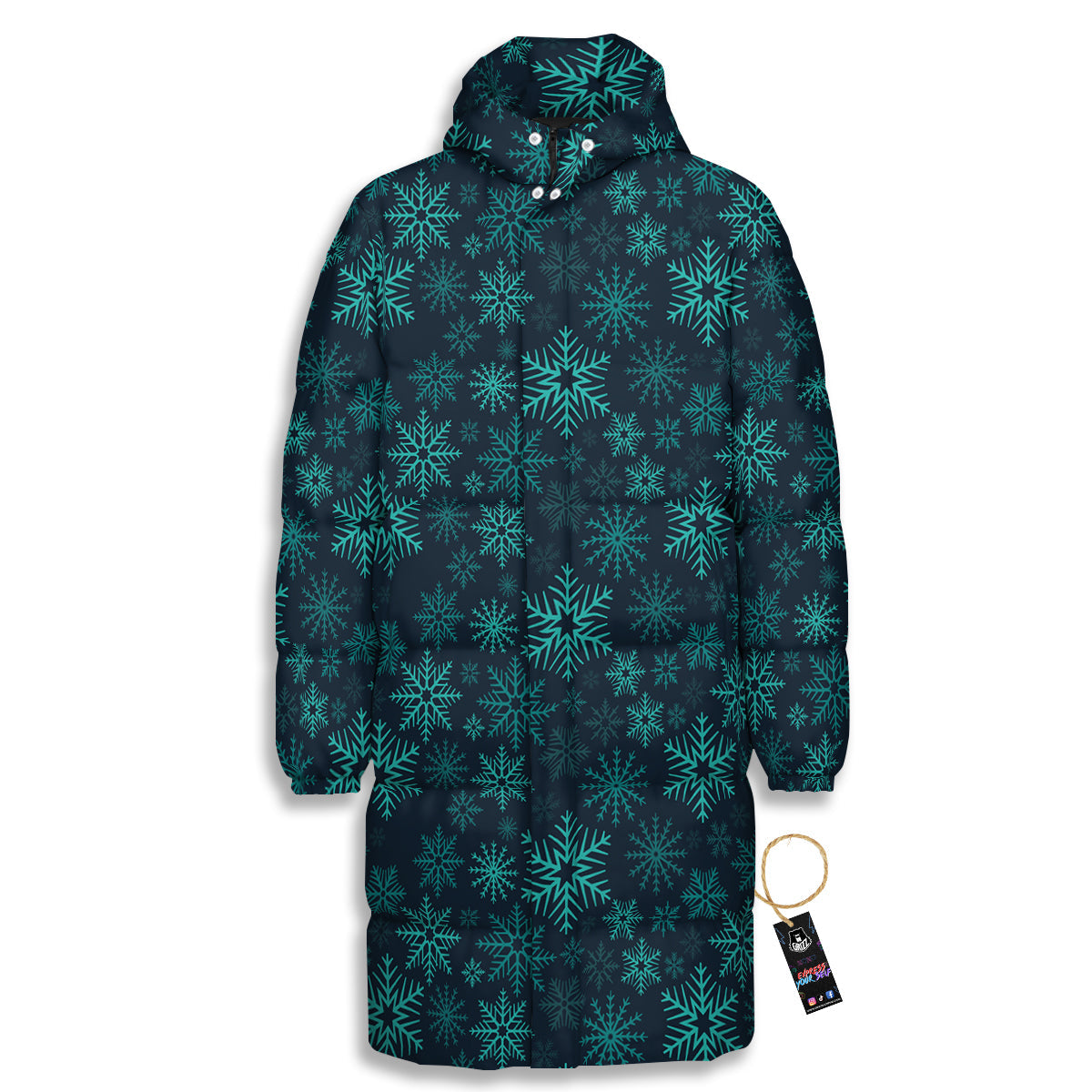Snowflake Turquoise Print Pattern Long Down Jacket-grizzshop