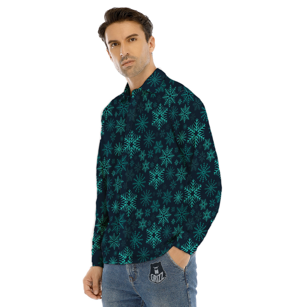 Snowflake Turquoise Print Pattern Men's Dress Shirts-grizzshop