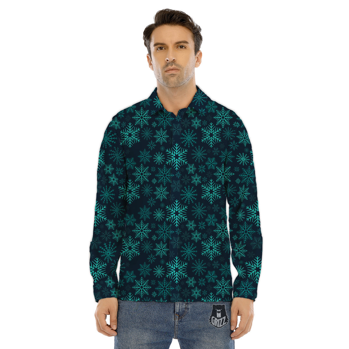 Snowflake Turquoise Print Pattern Men's Dress Shirts-grizzshop