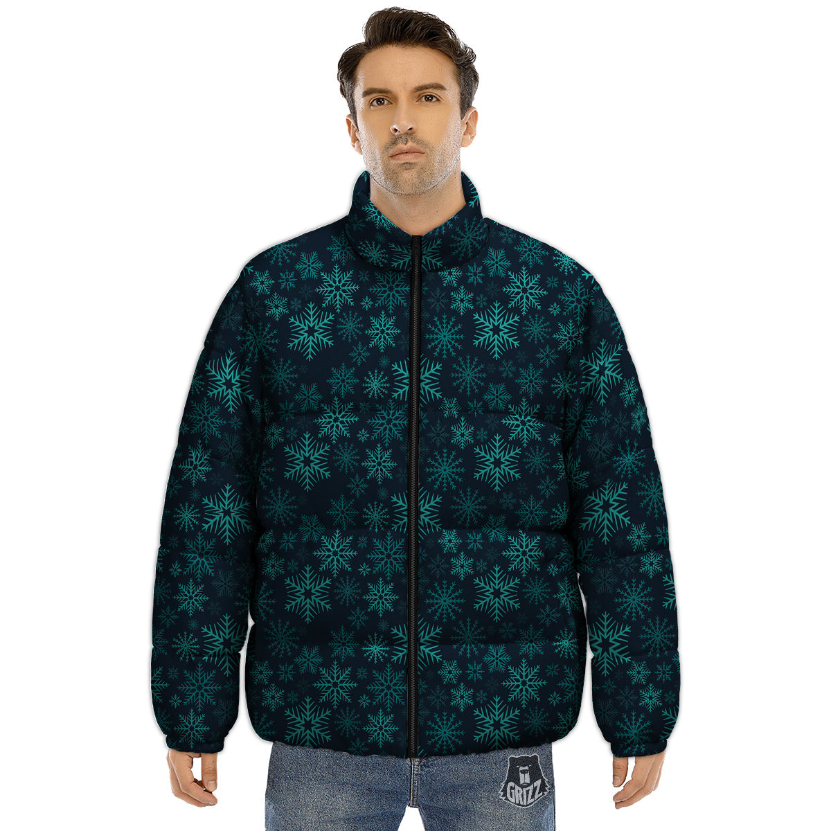 Snowflake Turquoise Print Pattern Puffer Jacket-grizzshop