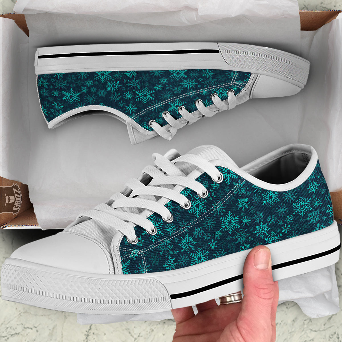 Snowflake Turquoise Print Pattern White Low Top Shoes-grizzshop