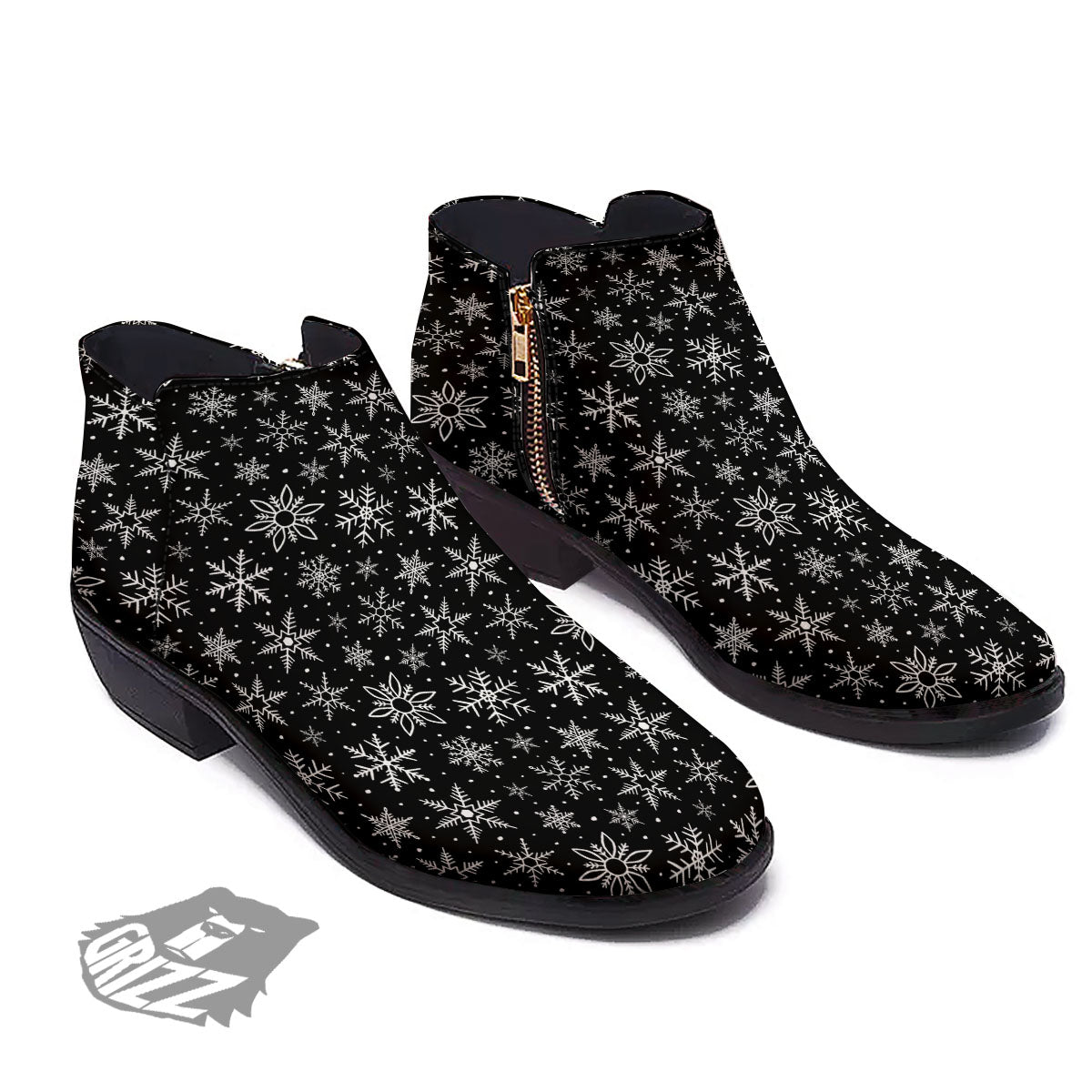 Snowflake White And Black Print Pattern Ankle Boots-grizzshop
