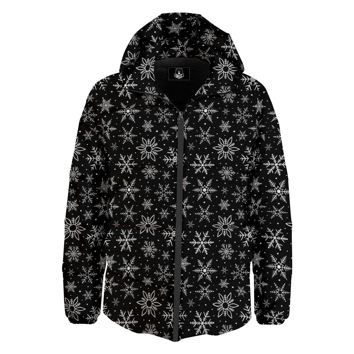 Snowflake White And Black Print Pattern Down Jacket-grizzshop