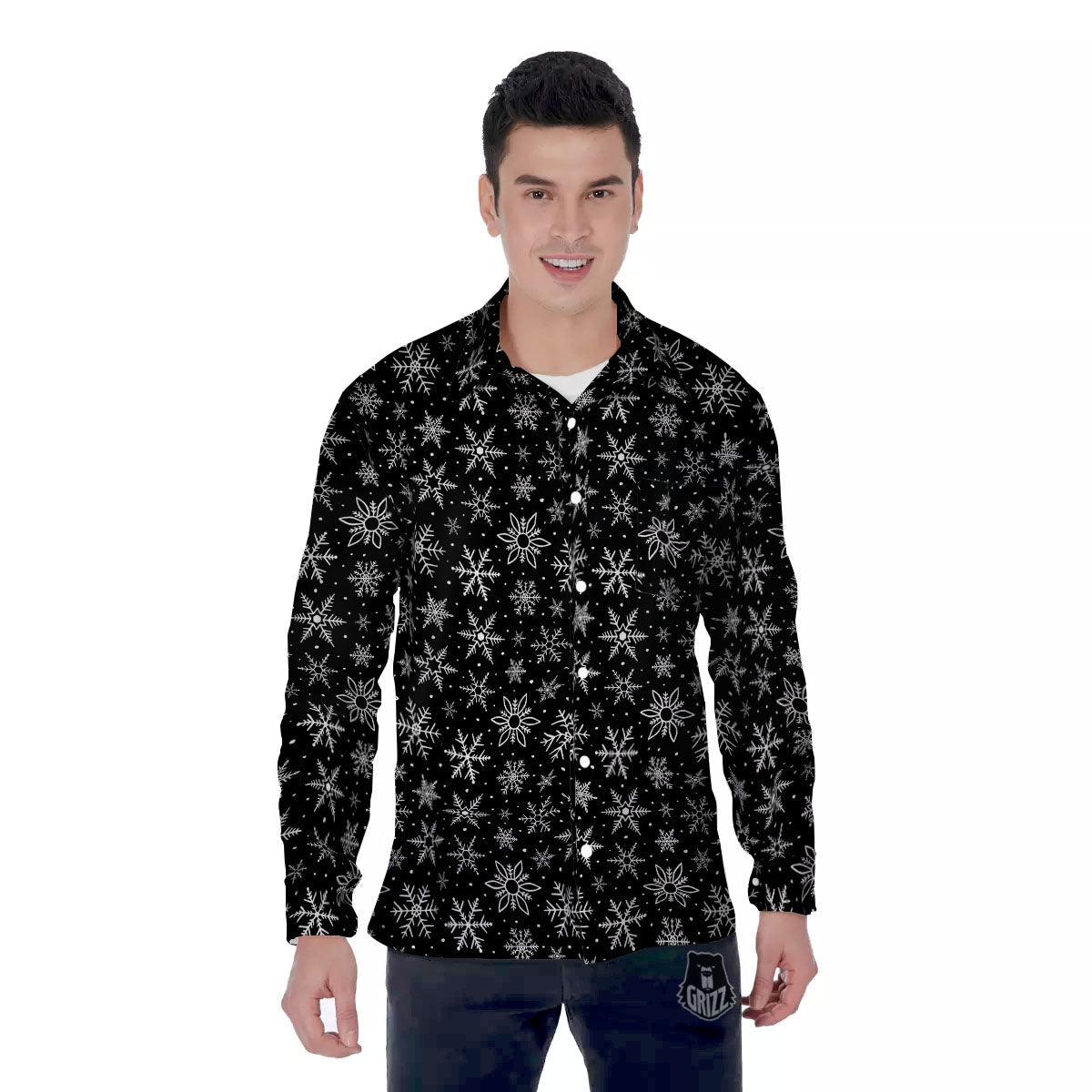 Snowflake White And Black Print Pattern Men's Long Sleeve Shirts-grizzshop