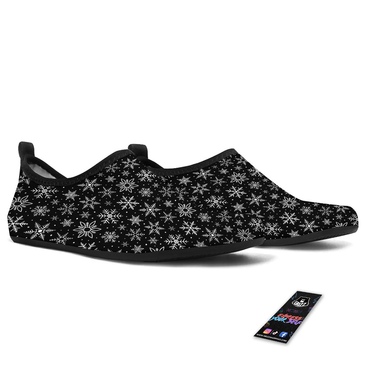 Snowflake White And Black Print Pattern Water Shoes-grizzshop
