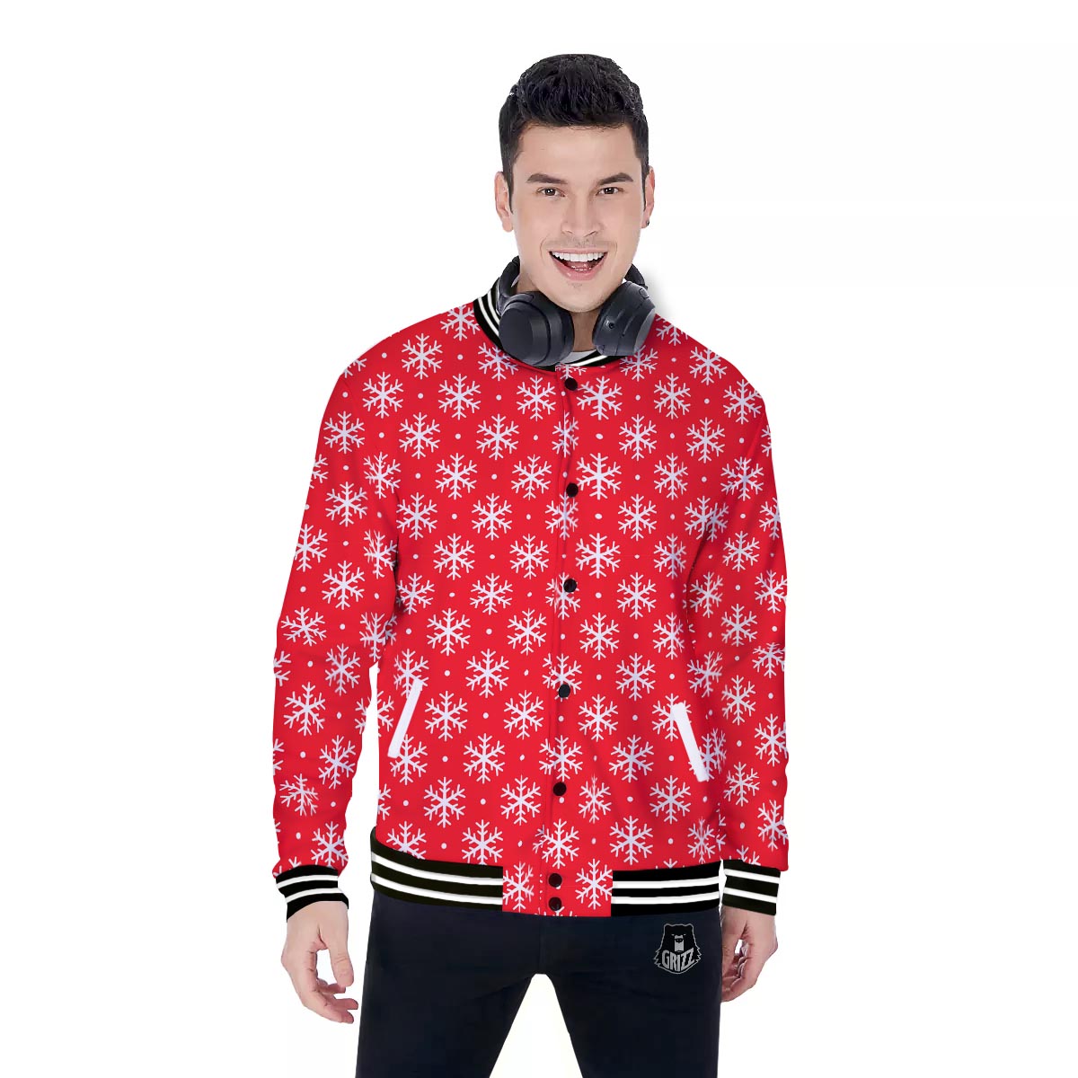 Snowflake White And Red Print Pattern Baseball Jacket-grizzshop