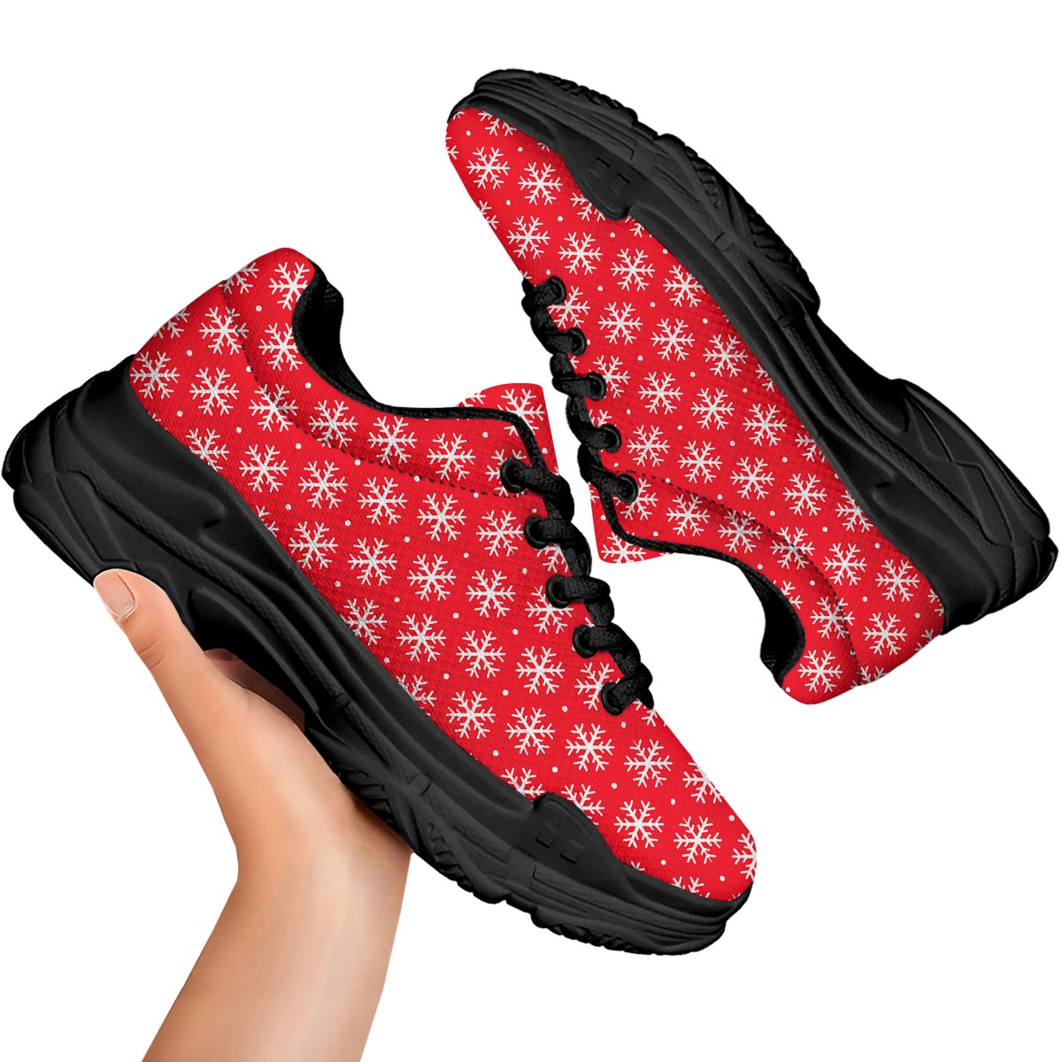 Snowflake White And Red Print Pattern Black Chunky Shoes-grizzshop