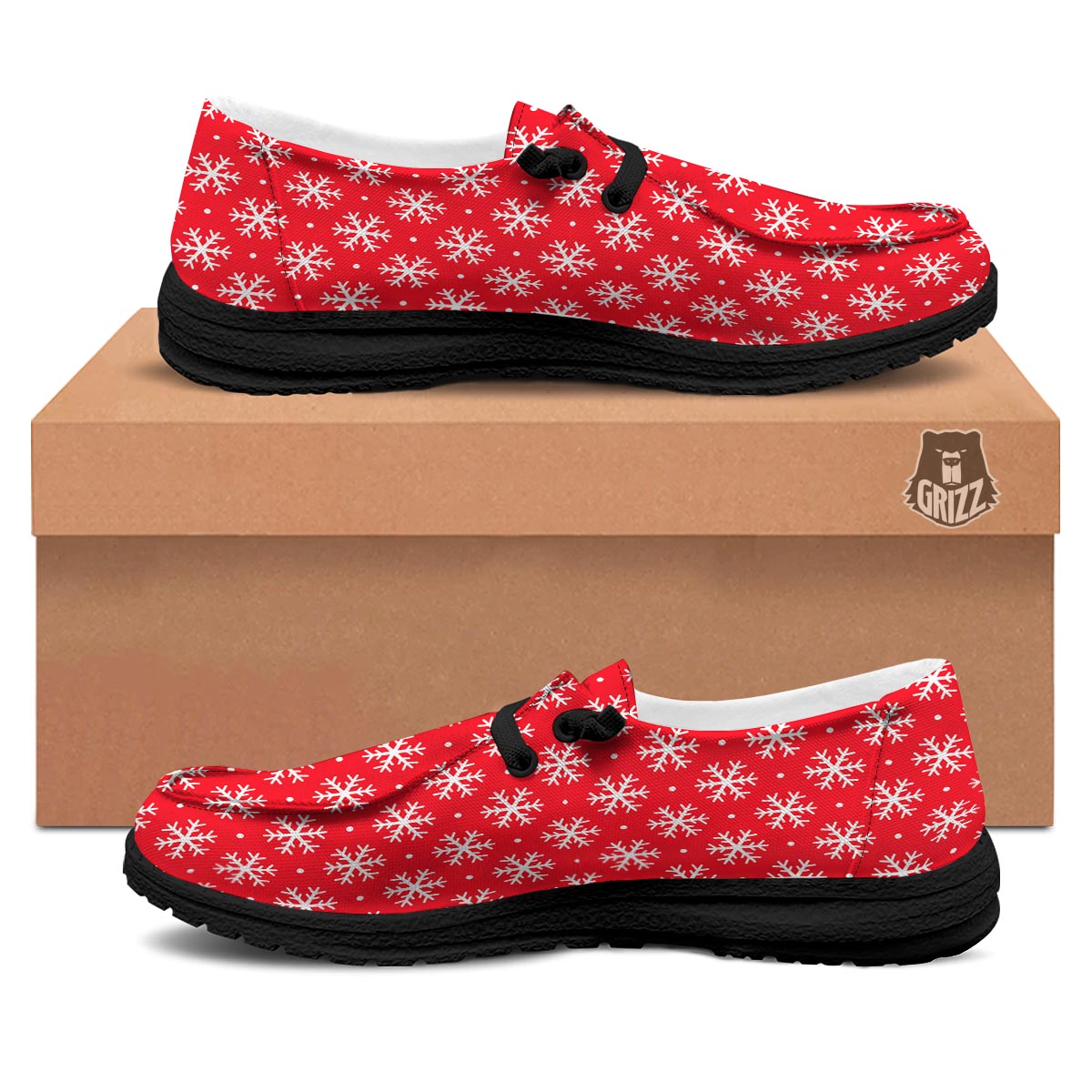 Snowflake White And Red Print Pattern Black Loafers-grizzshop