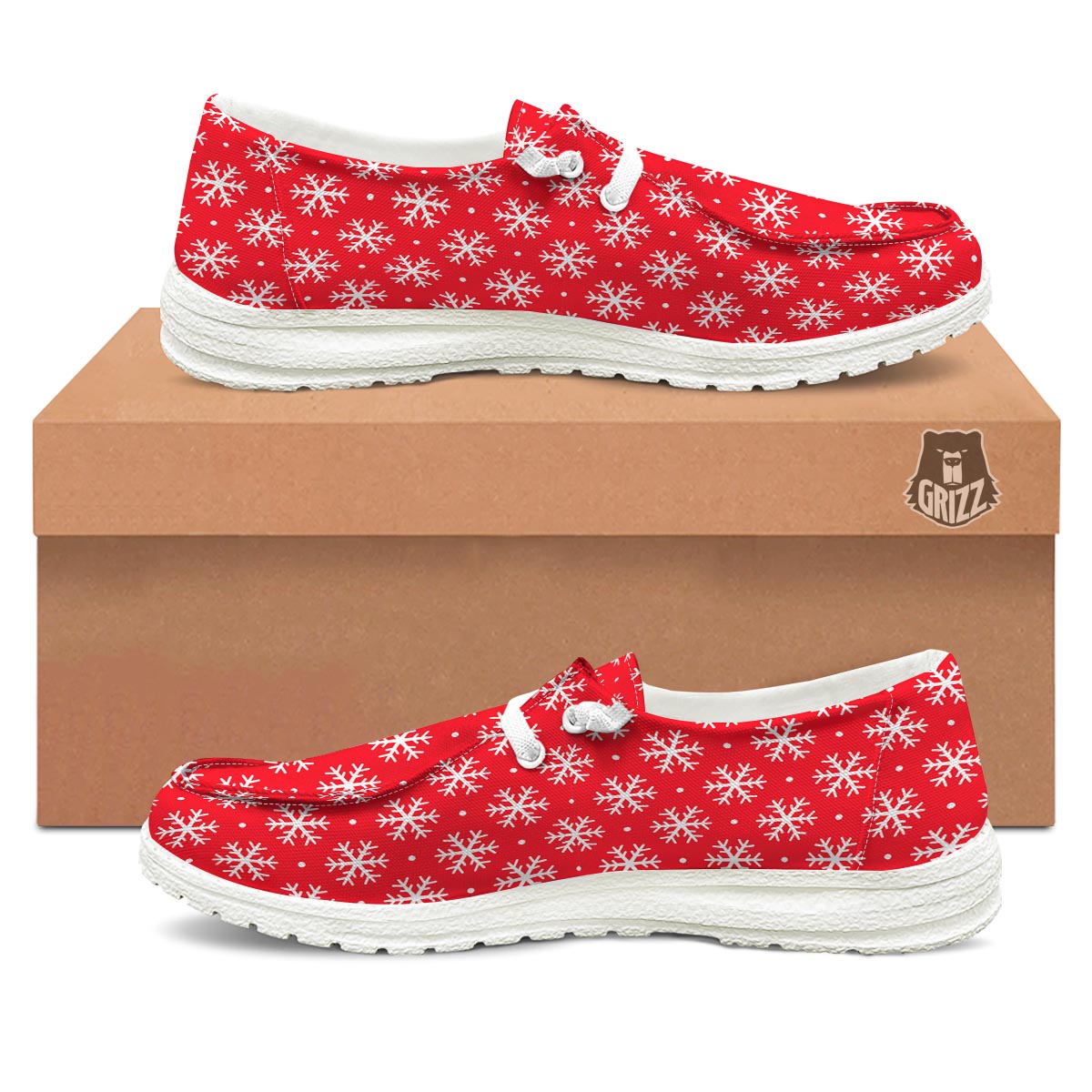 Snowflake White And Red Print Pattern Black Loafers-grizzshop