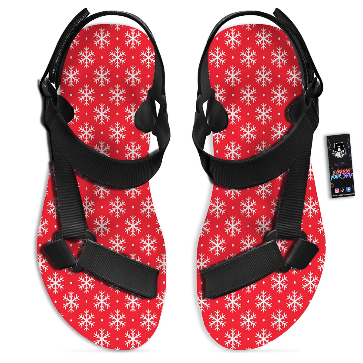 Snowflake White And Red Print Pattern Black Open Toe Sandals-grizzshop