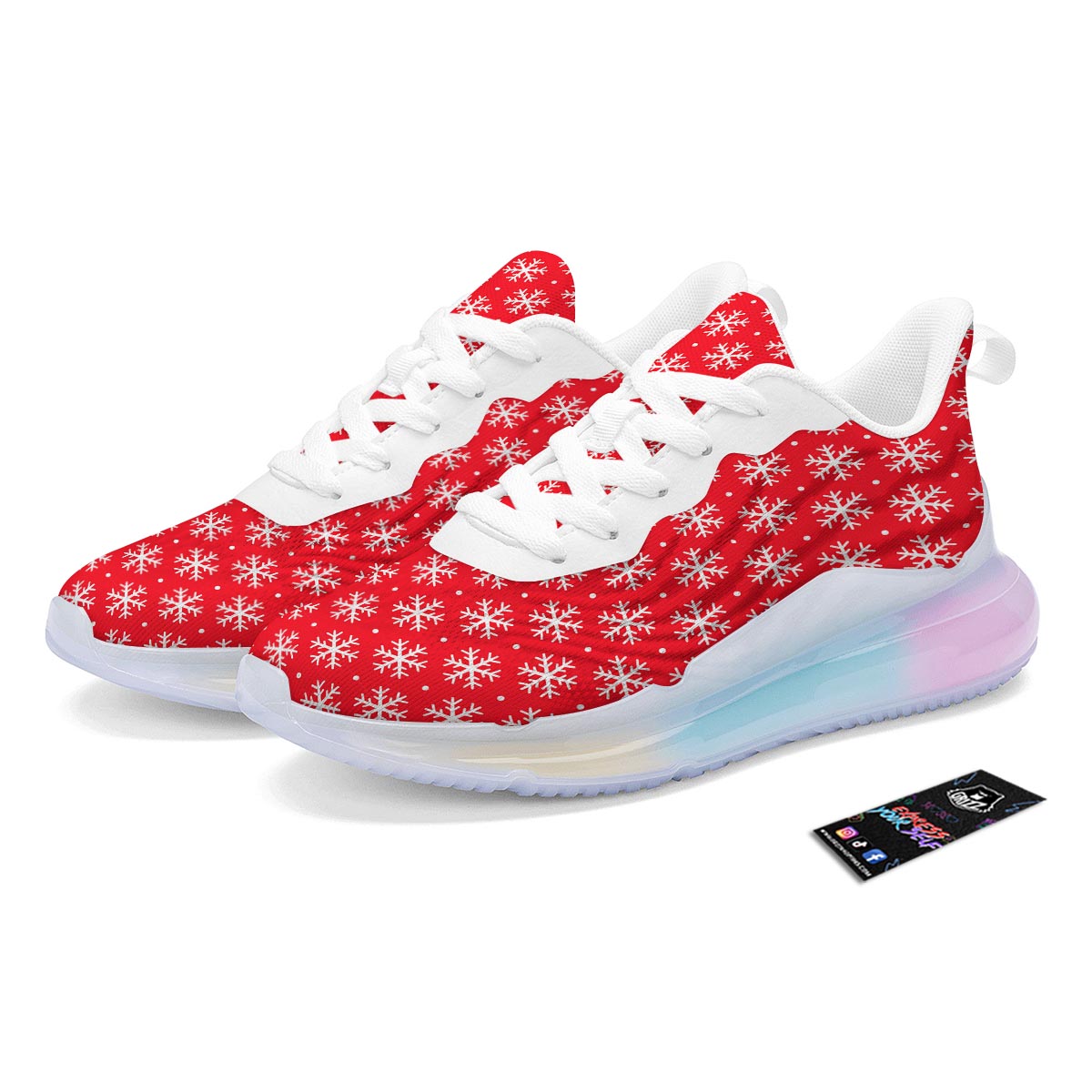 Snowflake White And Red Print Pattern Running Sneakers-grizzshop