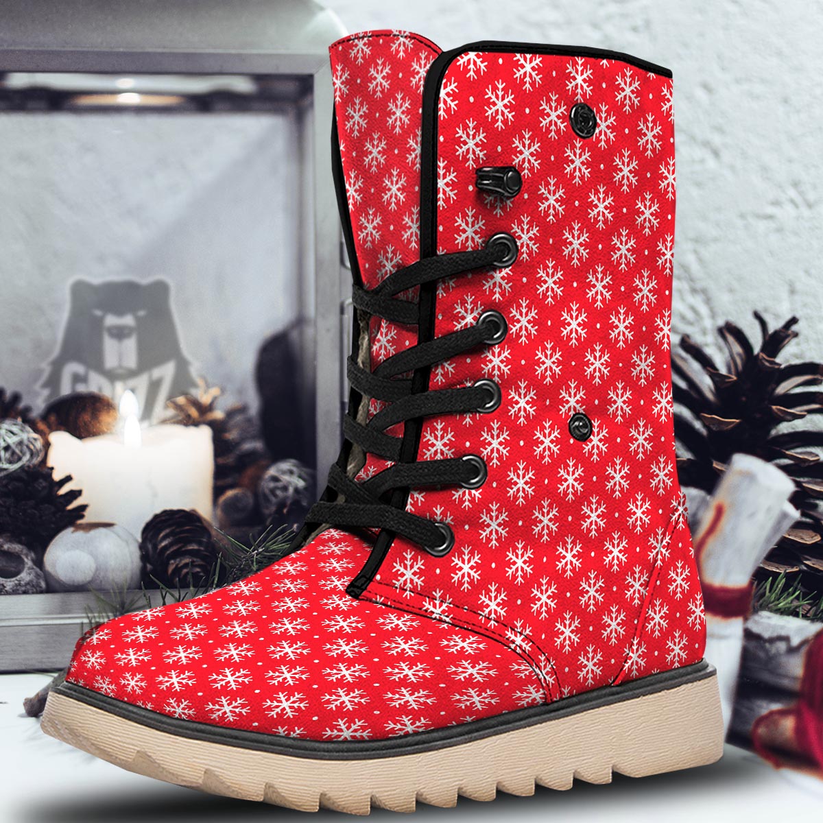 Snowflake White And Red Print Pattern Snow Boots-grizzshop