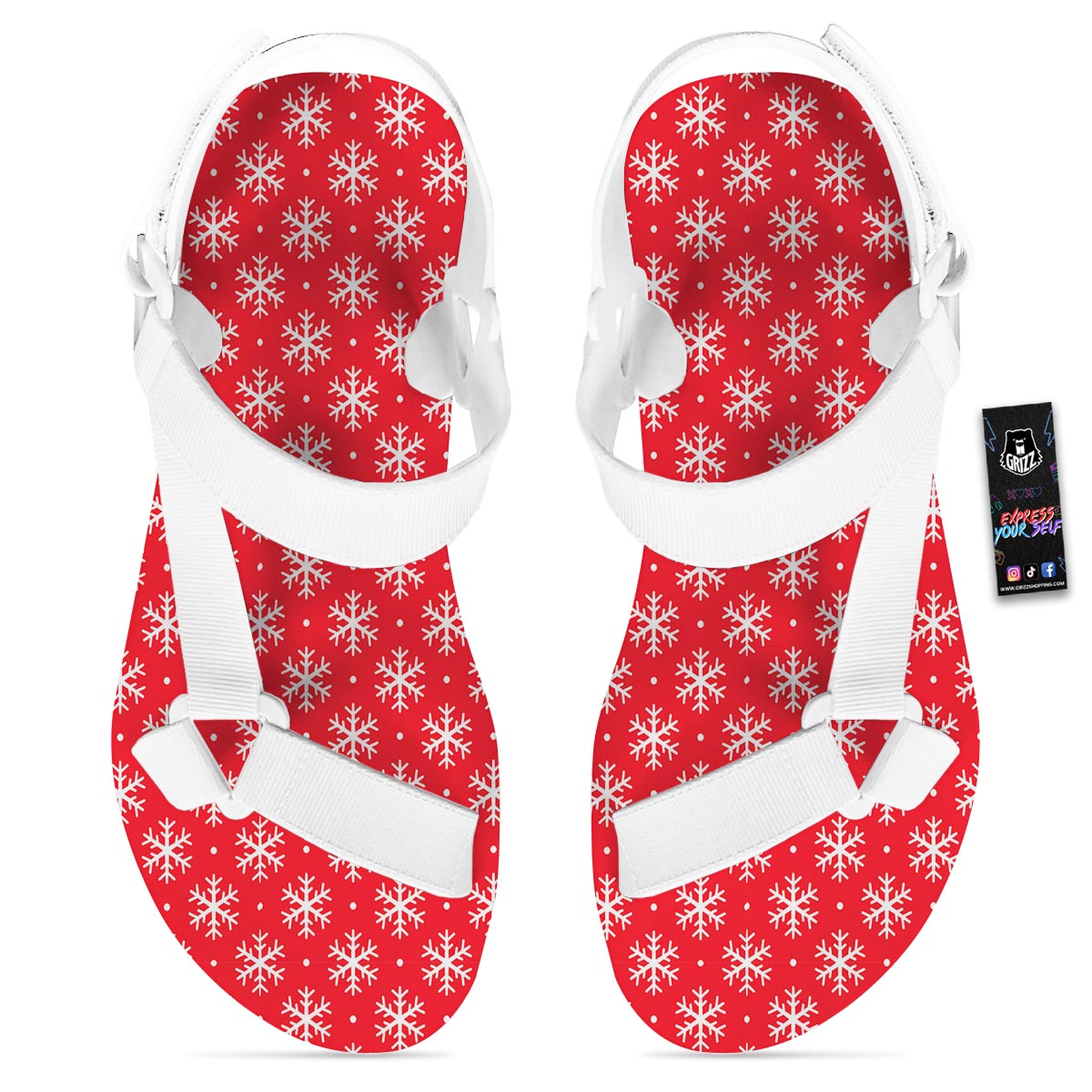 Snowflake White And Red Print Pattern White Open Toe Sandals-grizzshop