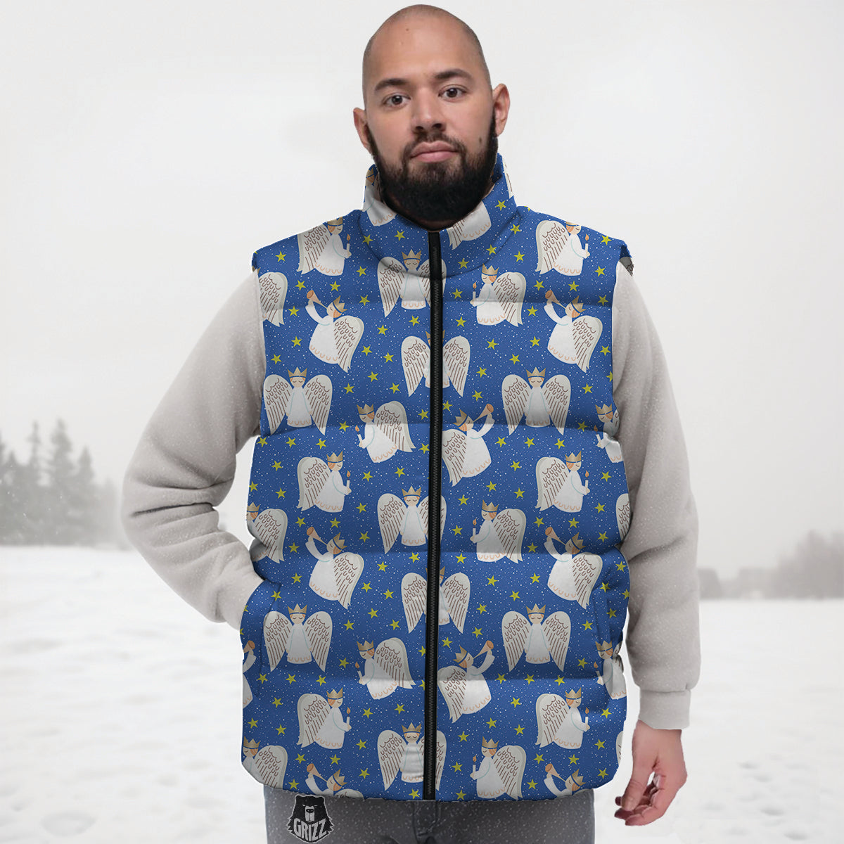 Snowflake And Angel Print Pattern Down Vest